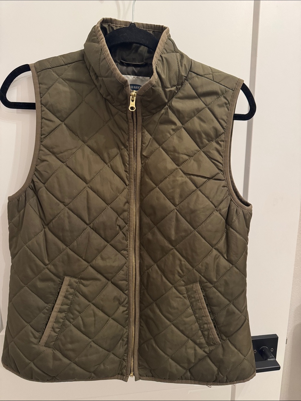 Old Navy Olive Quilted Zip Vest with Stand Collar
